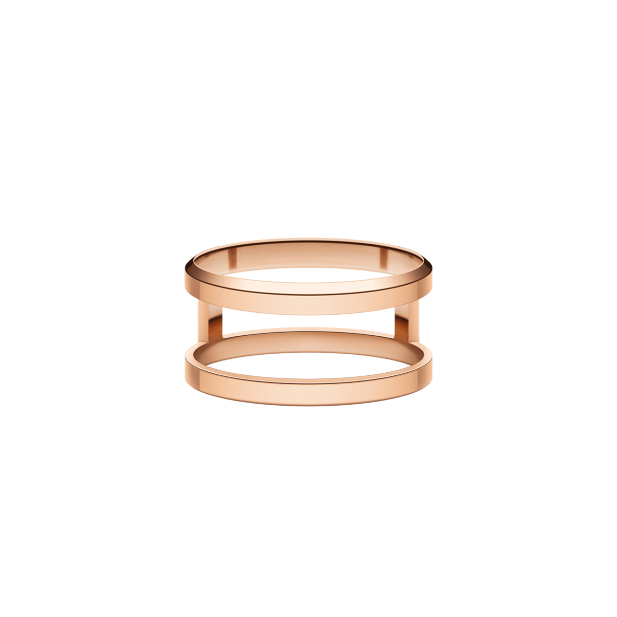 Elan Dual Ring Rose Gold featuring a double-band silhouette with minimalist lines, crafted from stainless steel and finished in warm rose gold.