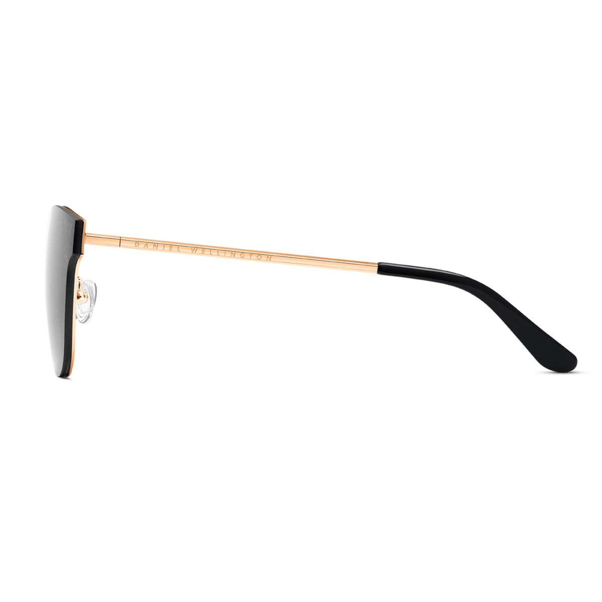 Ambler Steel Rose Gold sunglasses shown from the side, highlighting the slim rose gold plated stainless steel arm with black cellulose acetate temple tip and adjustable silicone nose pad for comfortable wear.