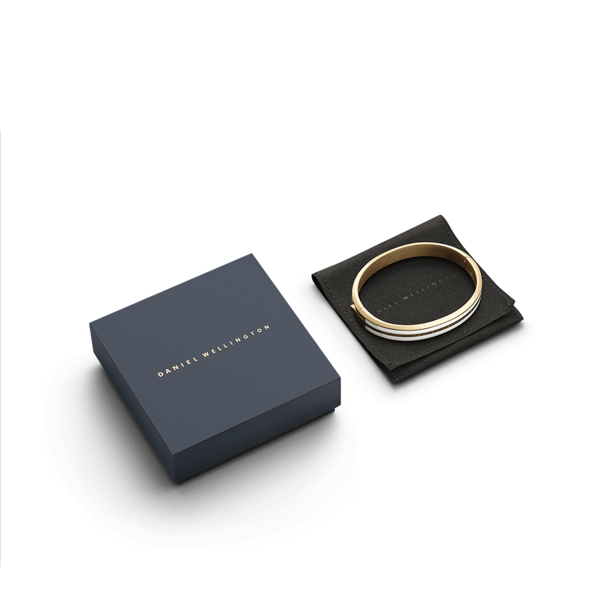 Emalie Infinite Gold Satin White bracelet displayed on a black pouch next to a navy Daniel Wellington gift box, highlighting its gold-tone finish and satin white enamel detail, ideal for gifting.