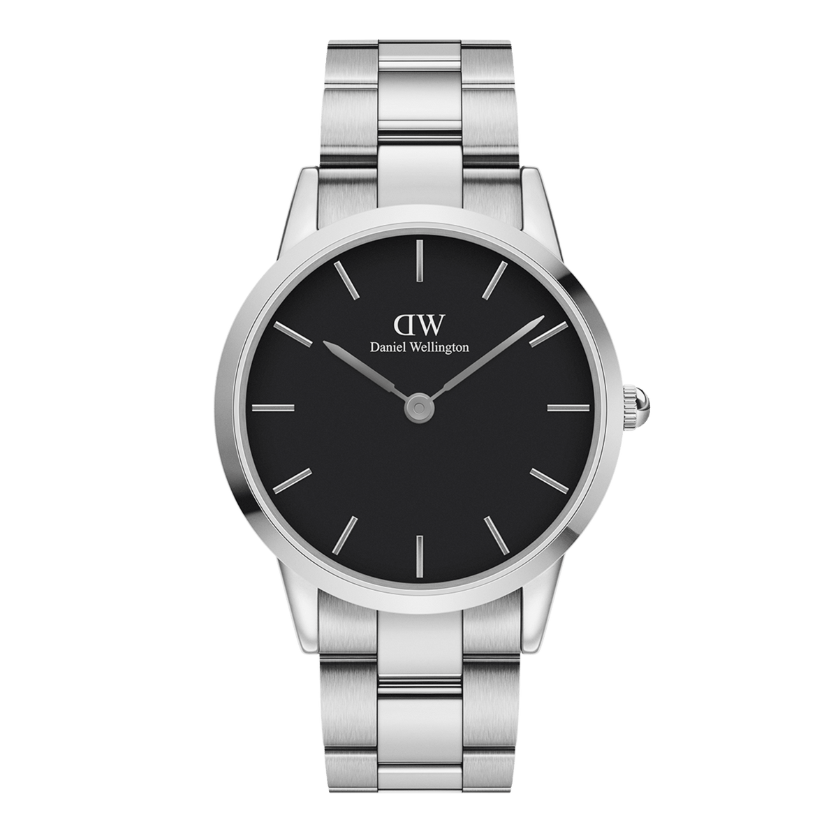 Classic Daniel Wellington Iconic Link watch with a polished stainless steel bracelet and minimalist black dial, featuring a sleek round face and silver hour markers.