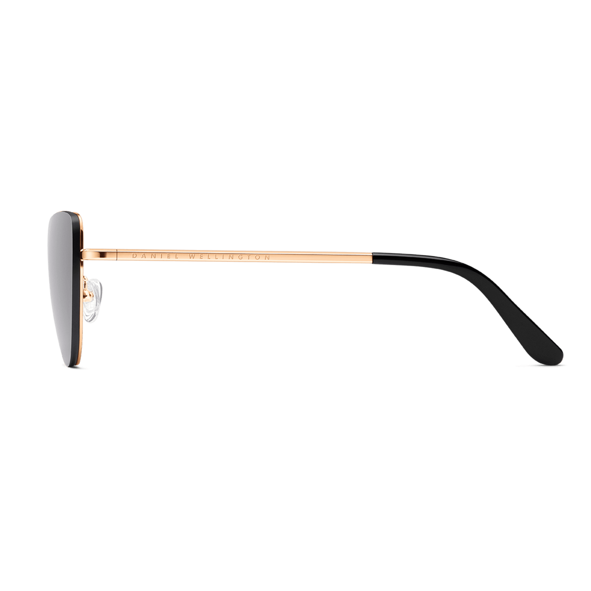 Lynx Steel Black sunglasses shown from the side, highlighting the rose gold plated stainless steel arm, subtle branding, and black cellulose acetate temple tip for a comfortable fit.
