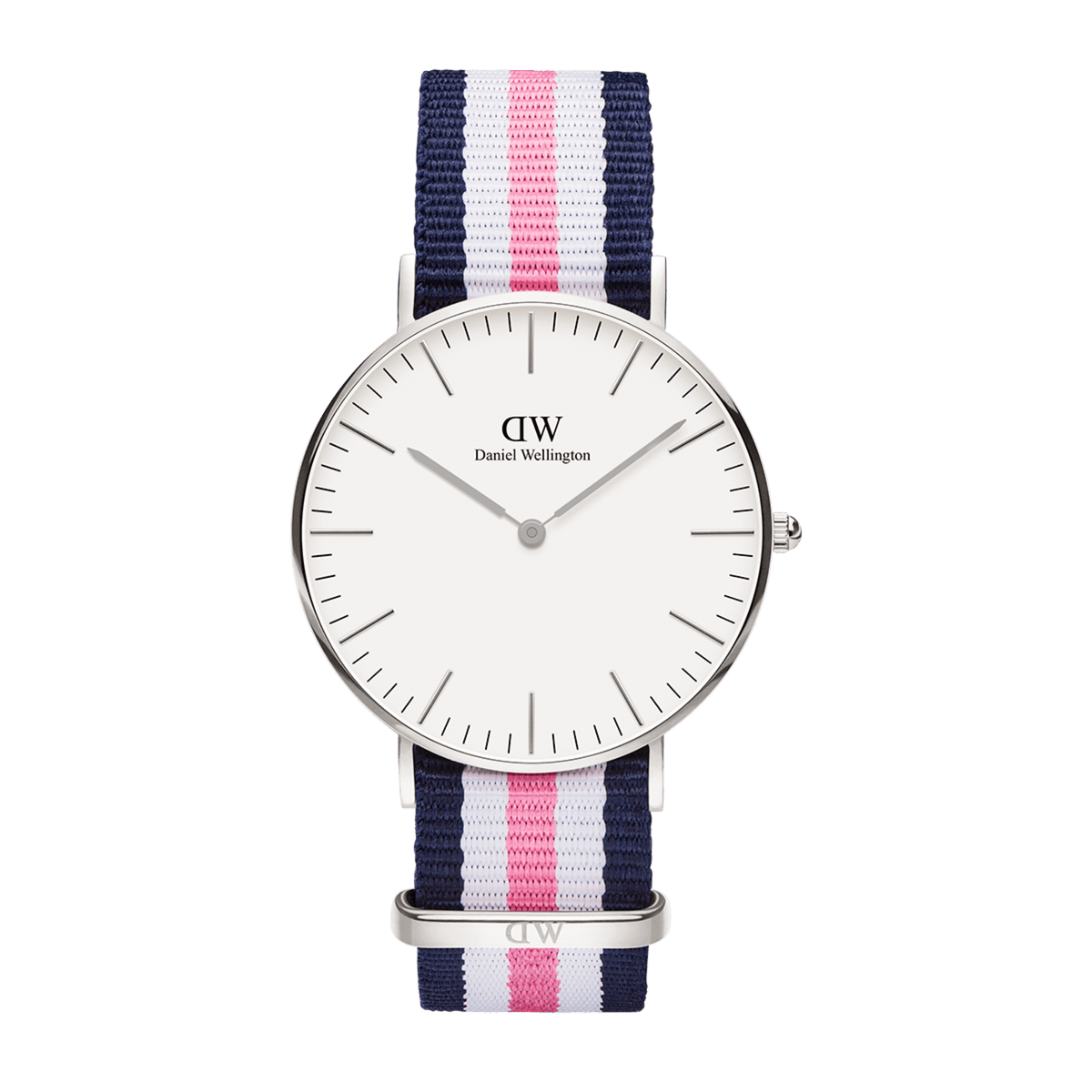 Classic Southampton Silver watch with a minimalist eggshell white dial, slim silver case, and a blue, pink, and white striped NATO fabric strap. The clean design and colourful strap create a fresh, versatile look suitable for both casual and formal wear.