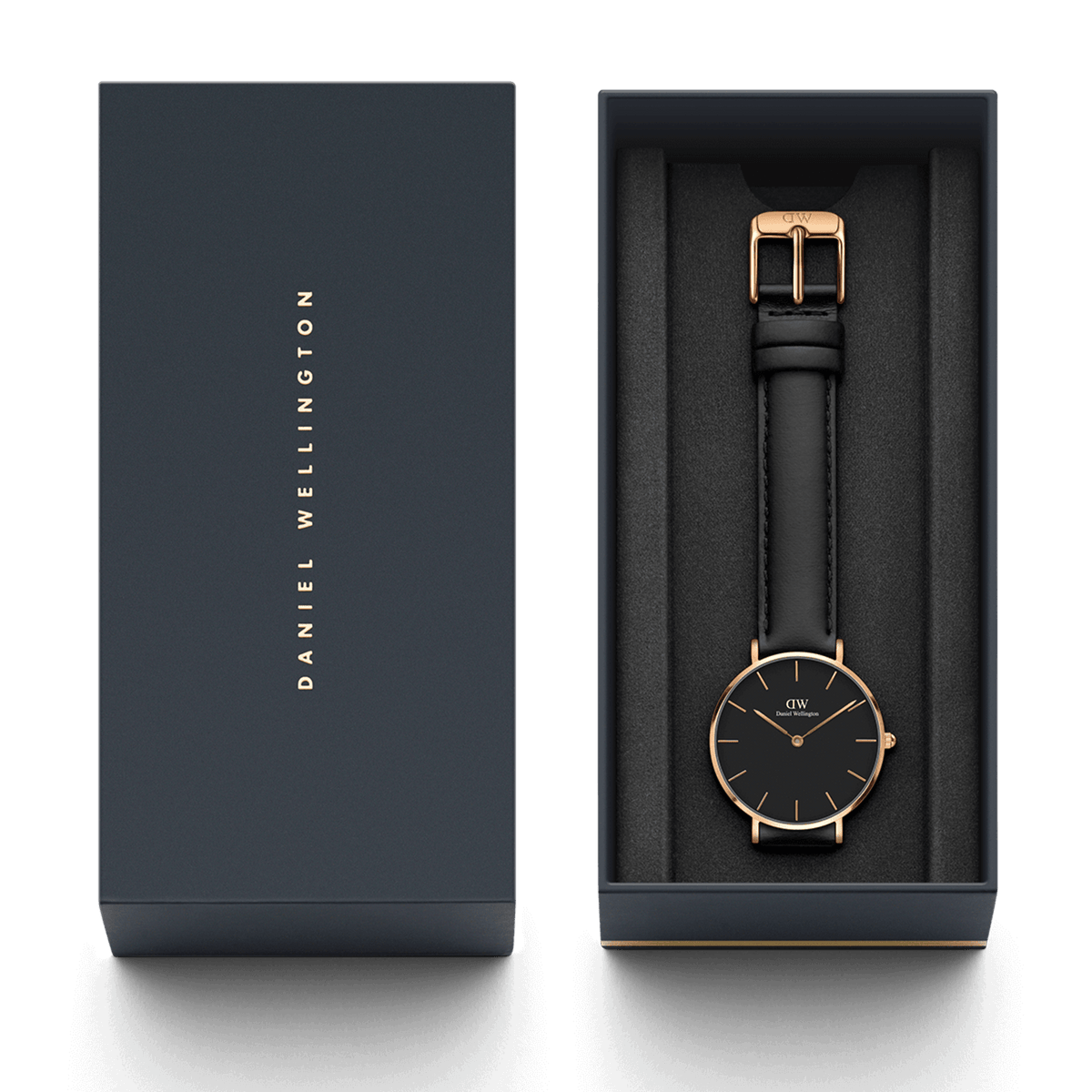 Petite Sheffield rose gold ladies watch with a black leather strap, presented in a branded gift box, ideal for gifting and everyday wear.