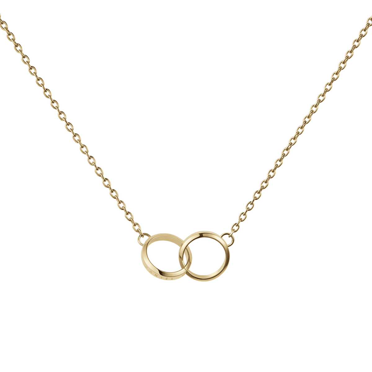 Gold necklace featuring two interlocked rings on a fine chain, showcasing a minimalist and polished design ideal for everyday wear or layering.