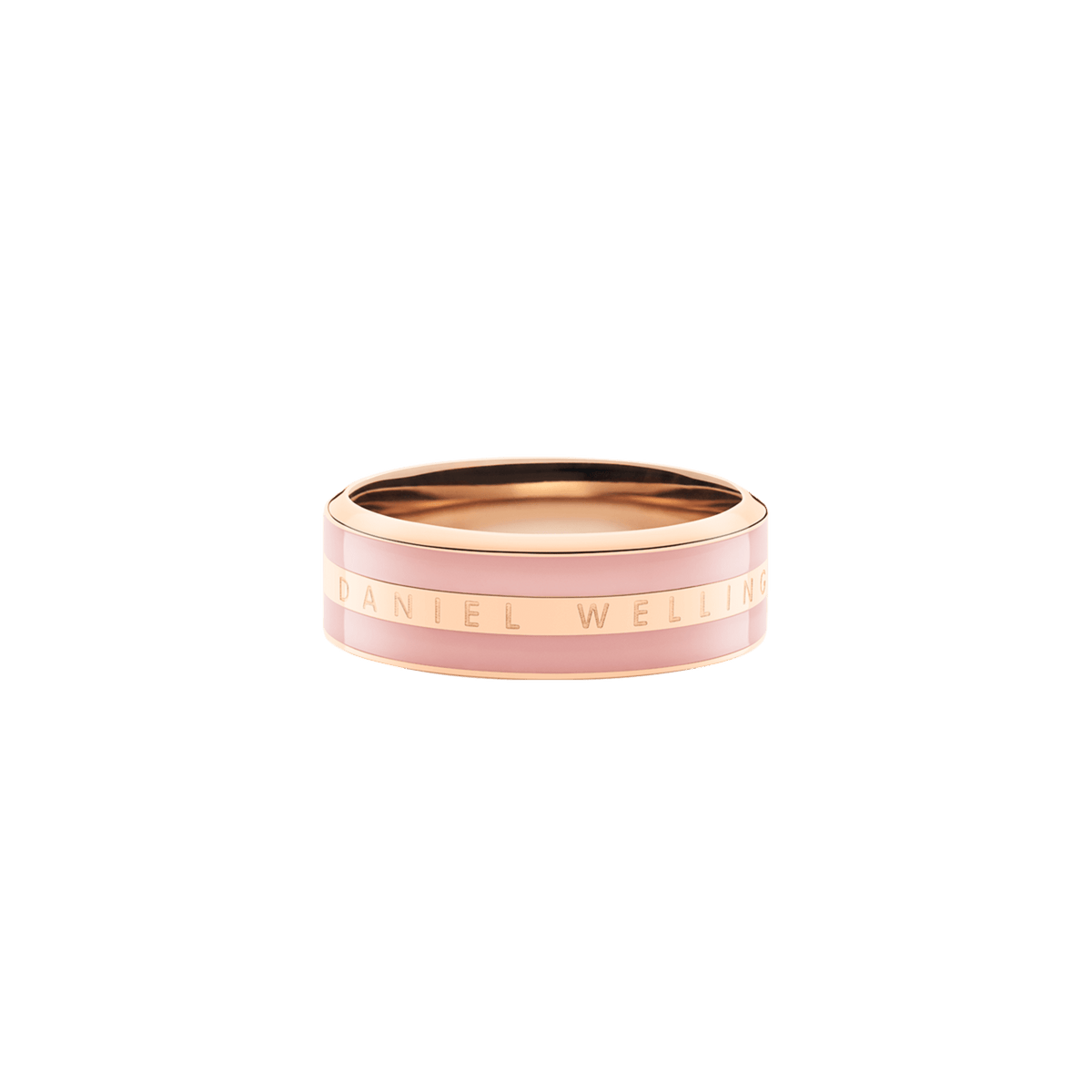 Emalie Ring Dusty Rose Rose Gold features a polished rose gold band with soft pink enamel detailing and Daniel Wellington branding engraved across the centre.