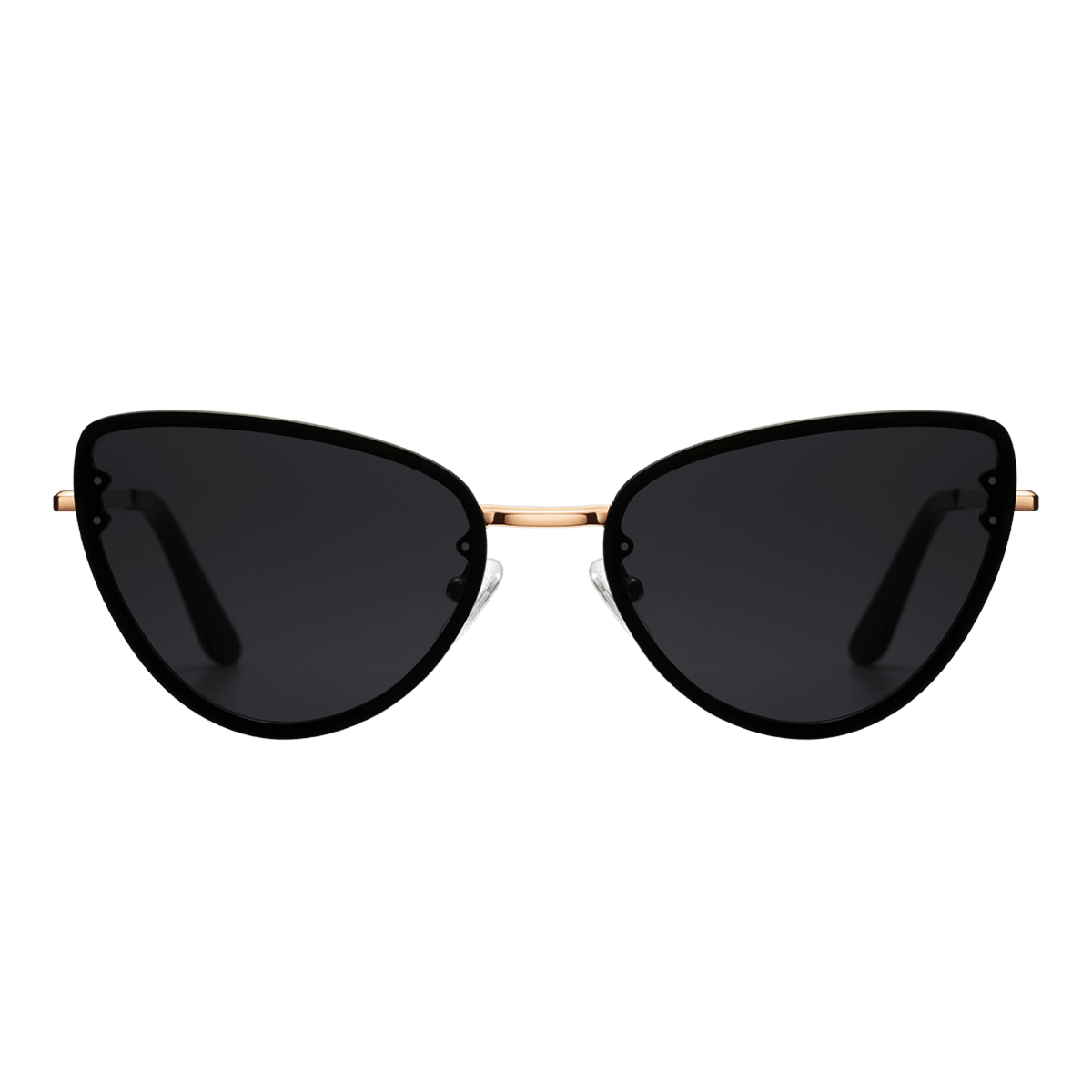Lynx Steel Black cat eye sunglasses with dark nylon lenses, rose gold plated stainless steel frame, and sleek temples, designed for women seeking stylish UV400 protection.