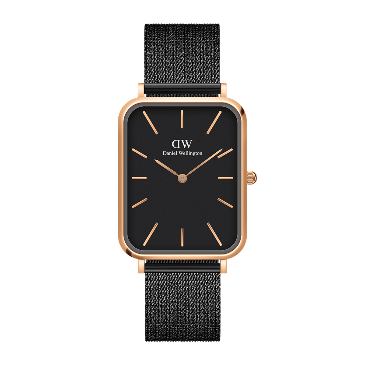 Rectangular ladies watch with a rose gold case, minimalist black dial, and adjustable black mesh strap, blending modern and classic design for versatile everyday wear.