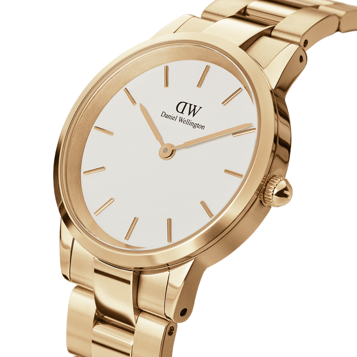 Close-up of the Iconic Link Gold ladies watch, showing the polished gold stainless steel bracelet, minimalist eggshell white dial, and gold hour markers for a refined, modern finish.