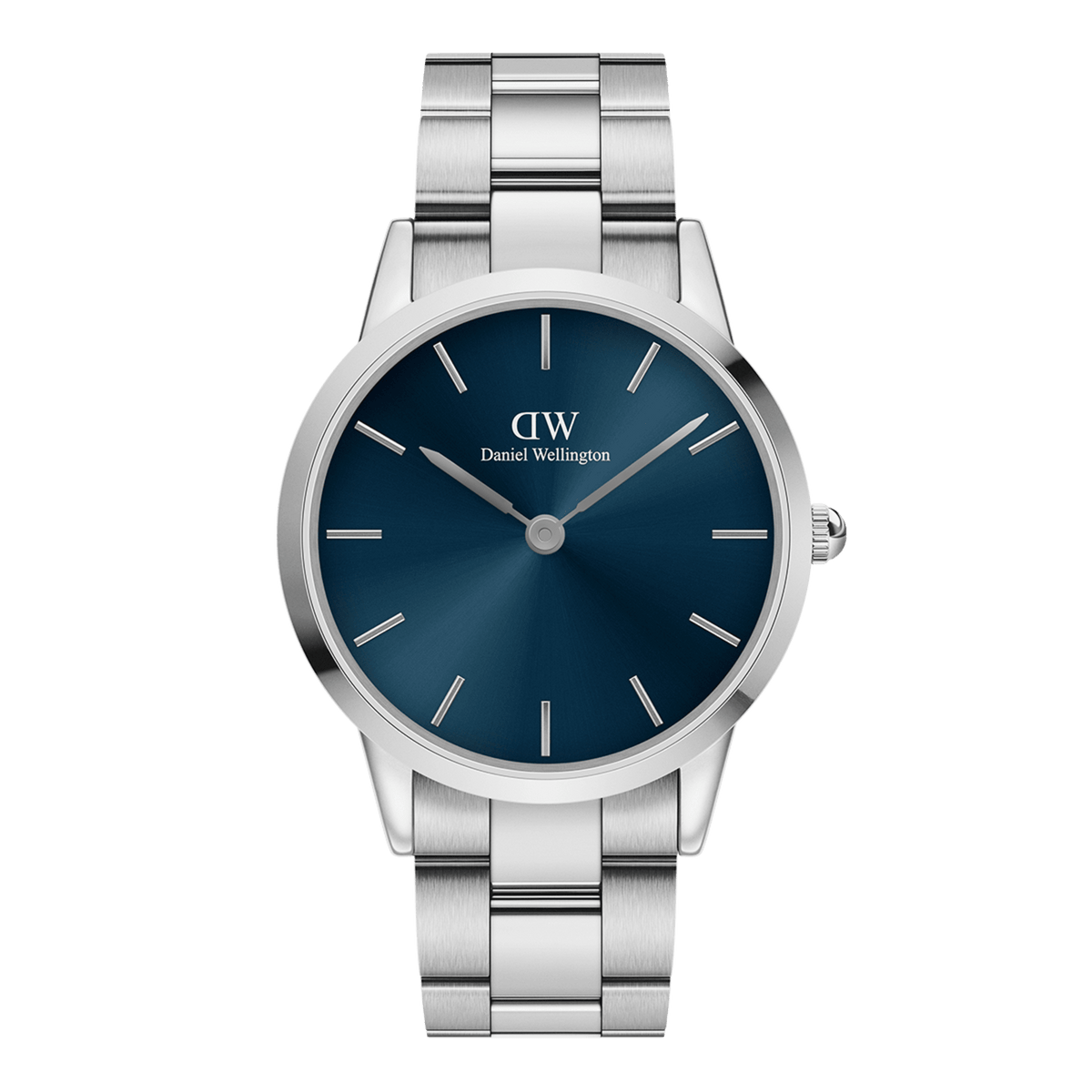 Iconic Link Arctic Silver watch by Daniel Wellington with a stainless steel link bracelet, featuring a striking dark blue sunray dial and minimalist silver hour markers.