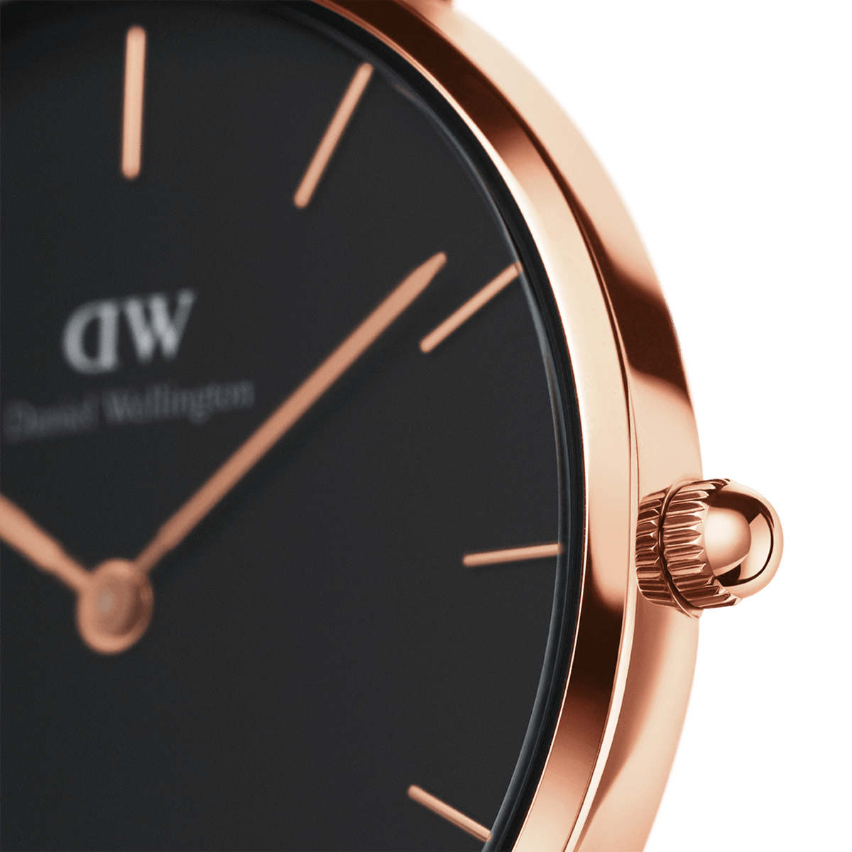 Detail view of the Petite Cornwall Black Rose Gold watch showing the rose gold crown, slim rose gold hour markers and hands, and the minimalist black dial.