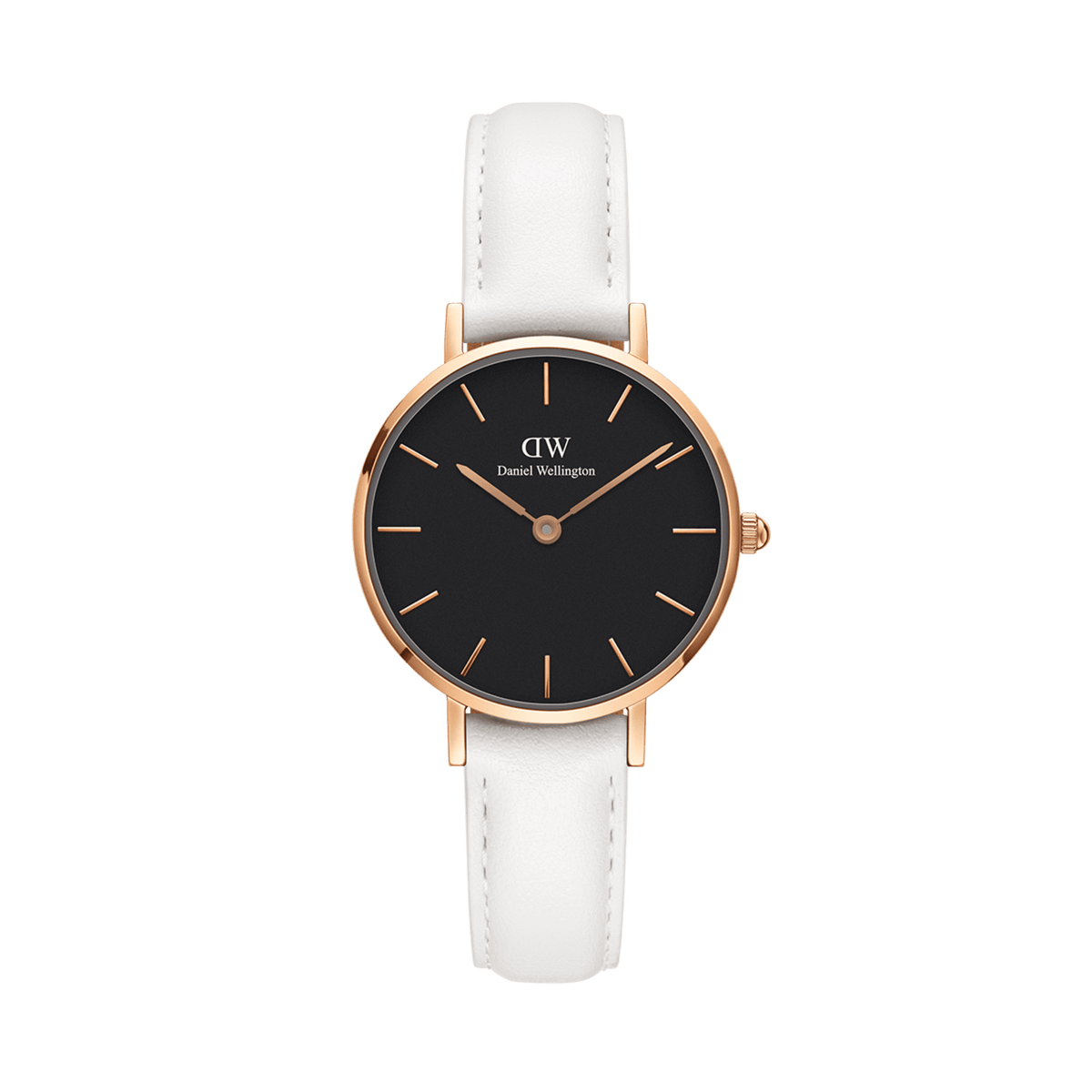 Petite Bondi Black Rose Gold watch with a slim rose gold case, minimalist black dial, and a crisp white leather strap, designed for women who appreciate understated elegance.