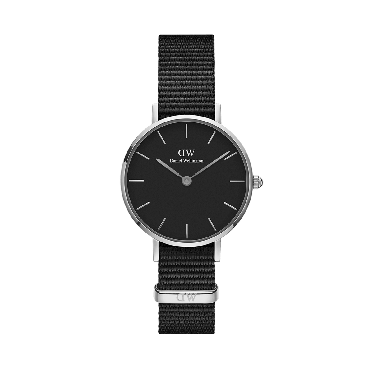 Petite Cornwall Black Silver watch with a black dial, silver case, and all-black NATO strap, featuring minimalist hour markers and a slim, elegant design suitable for everyday wear.