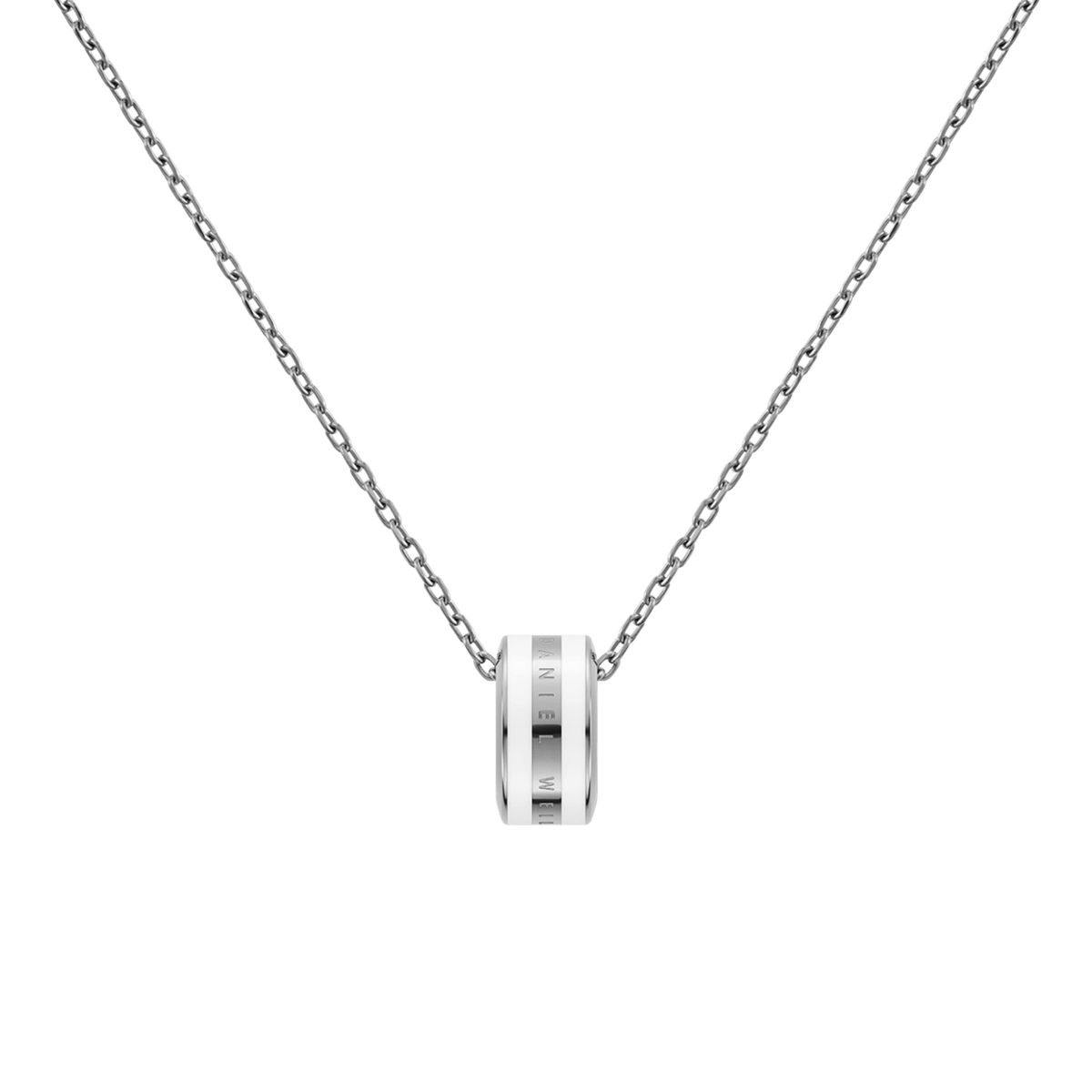 Close-up of the Emalie Necklace Silver Satin White showing the satin white enamel pendant on a polished silver chain, highlighting its minimalist and elegant design.