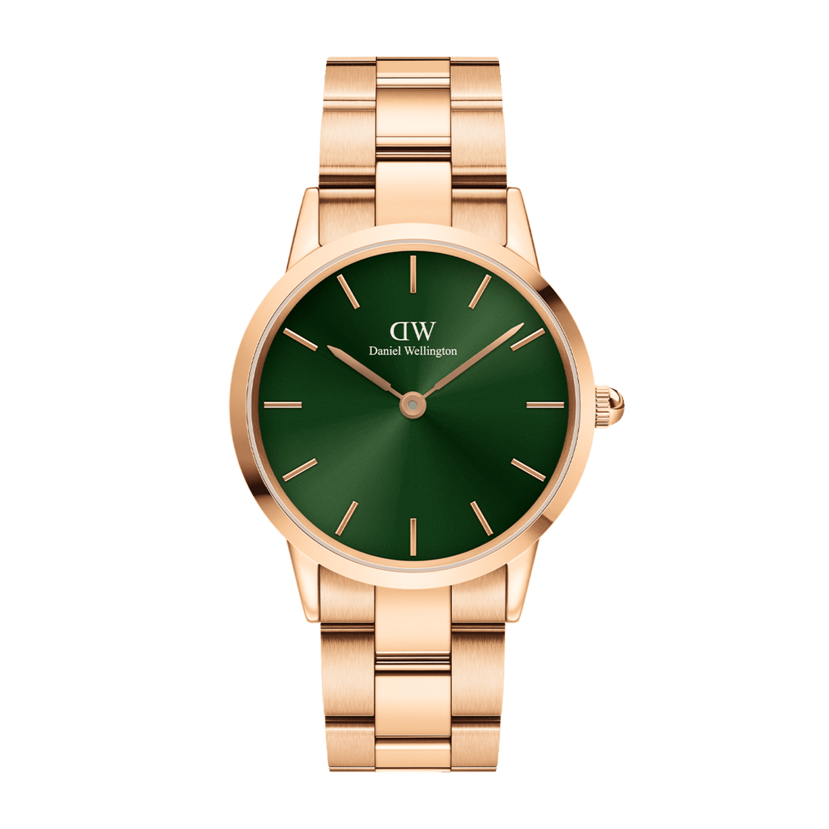 Rose gold ladies watch with a polished stainless steel bracelet and a striking emerald green dial, featuring minimalist hour markers and a classic round face.