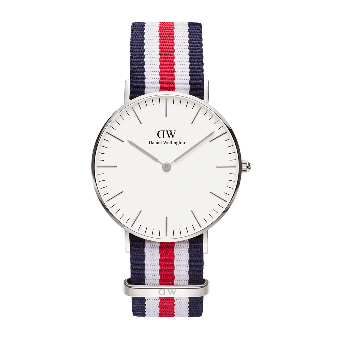 Classic Canterbury Silver features a minimalist eggshell white dial, polished silver case, and a striped NATO strap in blue, red, and white, blending timeless style with a relaxed, modern touch.