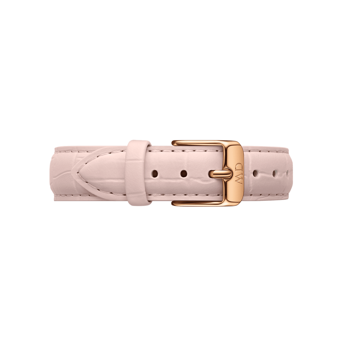 Soft pink leather watch strap with a pressed crocodile pattern and a rose gold buckle, designed for a comfortable and stylish fit.