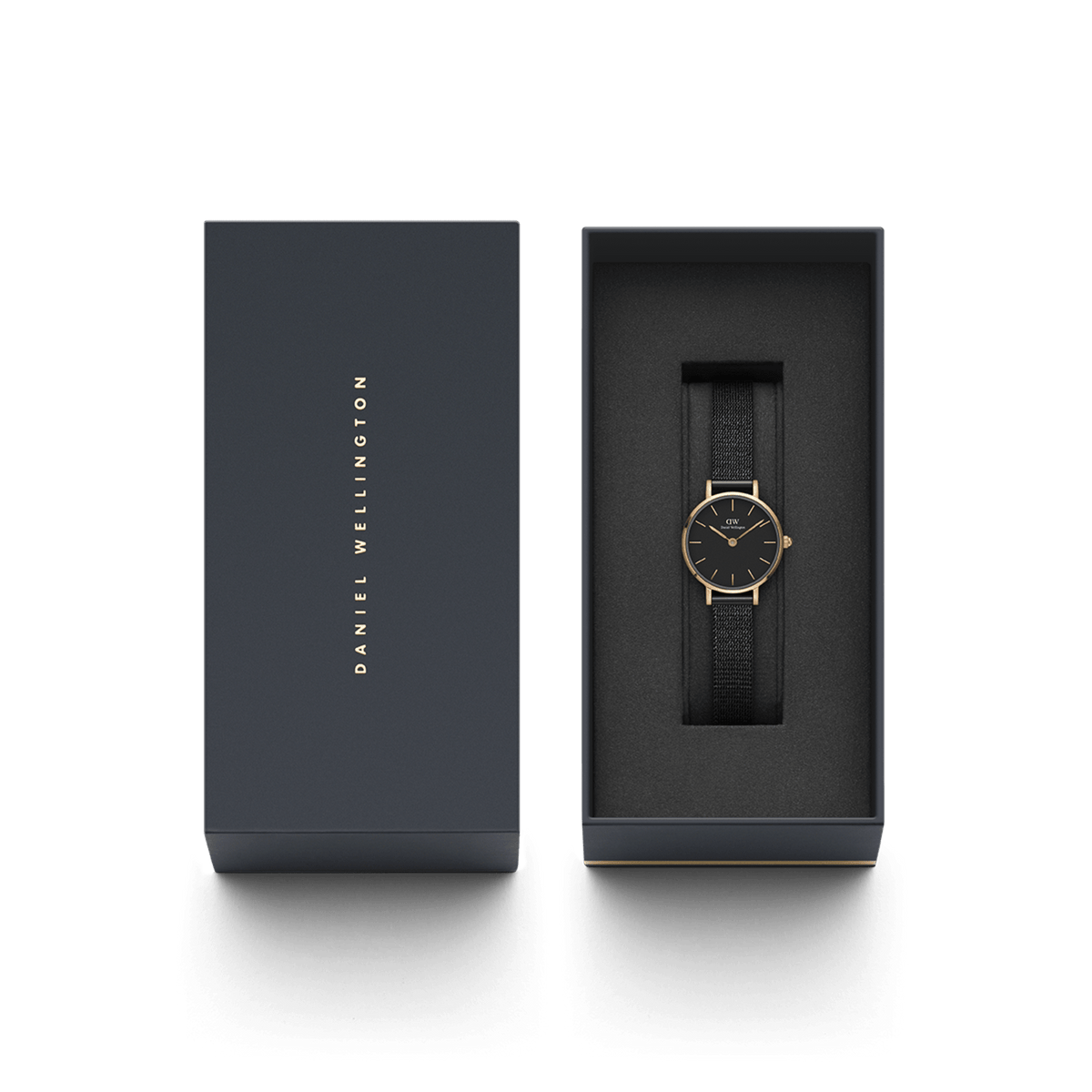 Petite Pressed Ashfield ladies watch with a rose gold case and black mesh strap, presented in a sleek Daniel Wellington gift box, ideal for gifting or adding to a collection.