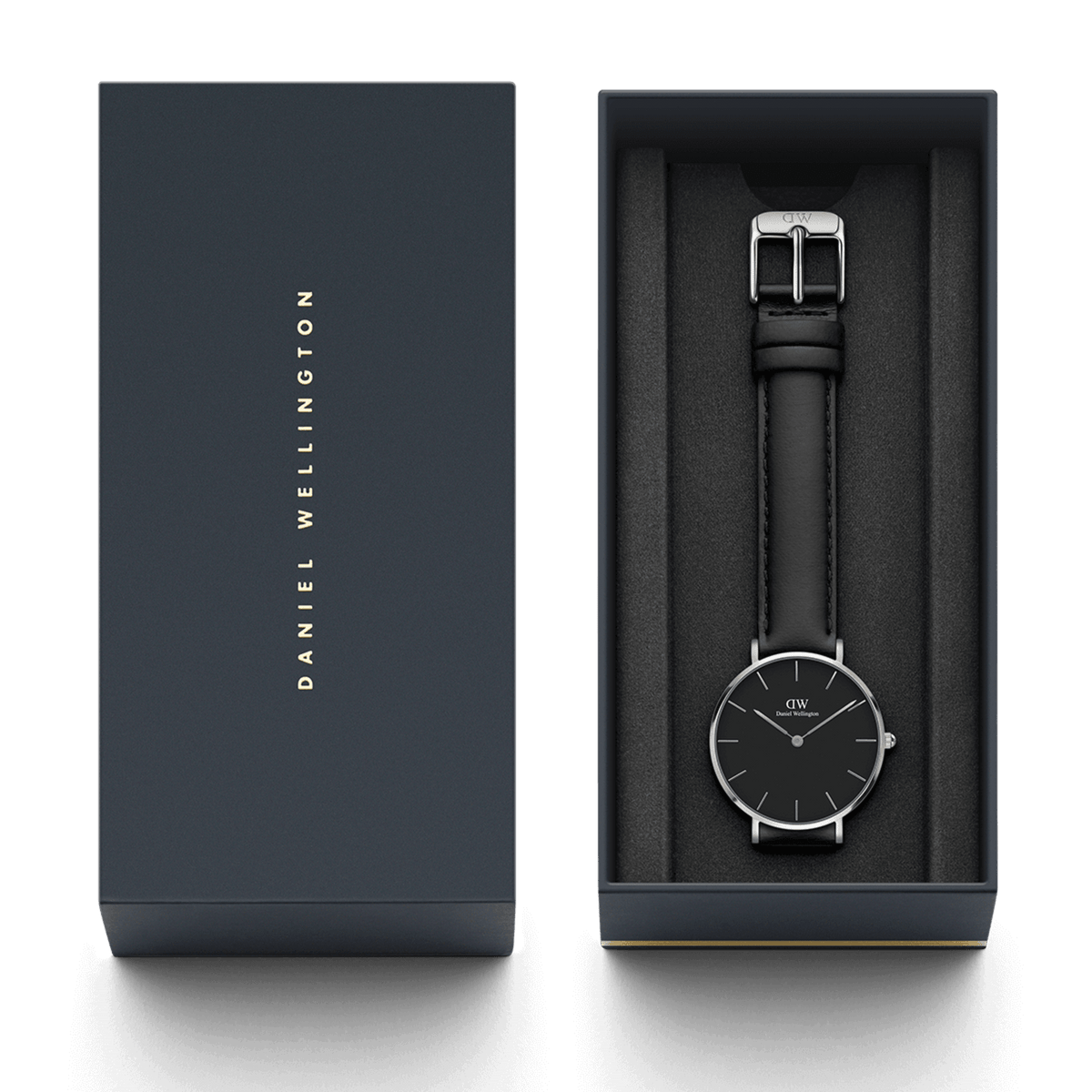 Petite Sheffield Black Silver watch presented in a sleek Daniel Wellington gift box, featuring a minimalist black dial and slim black leather strap for a refined, elegant look.