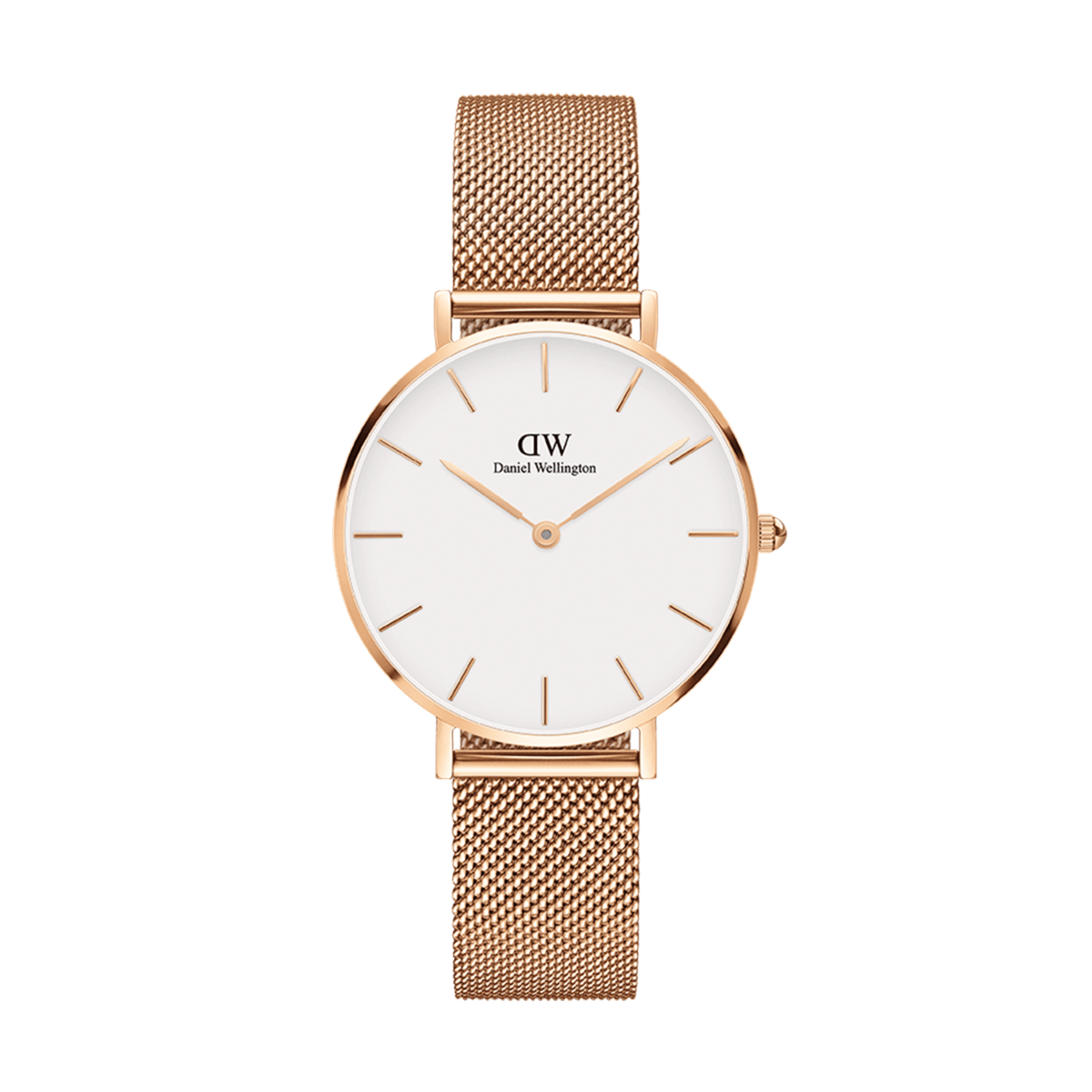 Petite Melrose Rose Gold watch with a minimalist eggshell white dial and a slim rose gold mesh strap, featuring simple hour markers and a refined, modern design ideal for everyday wear.