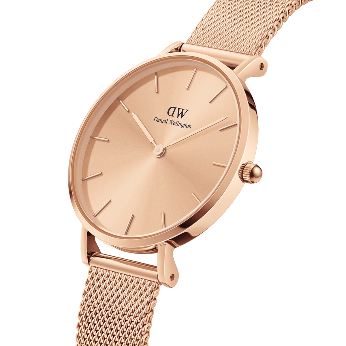 Petite Unitone Rose Gold watch with a polished rose gold stainless steel case, minimalist dial, and refined mesh strap, shown in a close-up angle highlighting its elegant finish and slim profile.