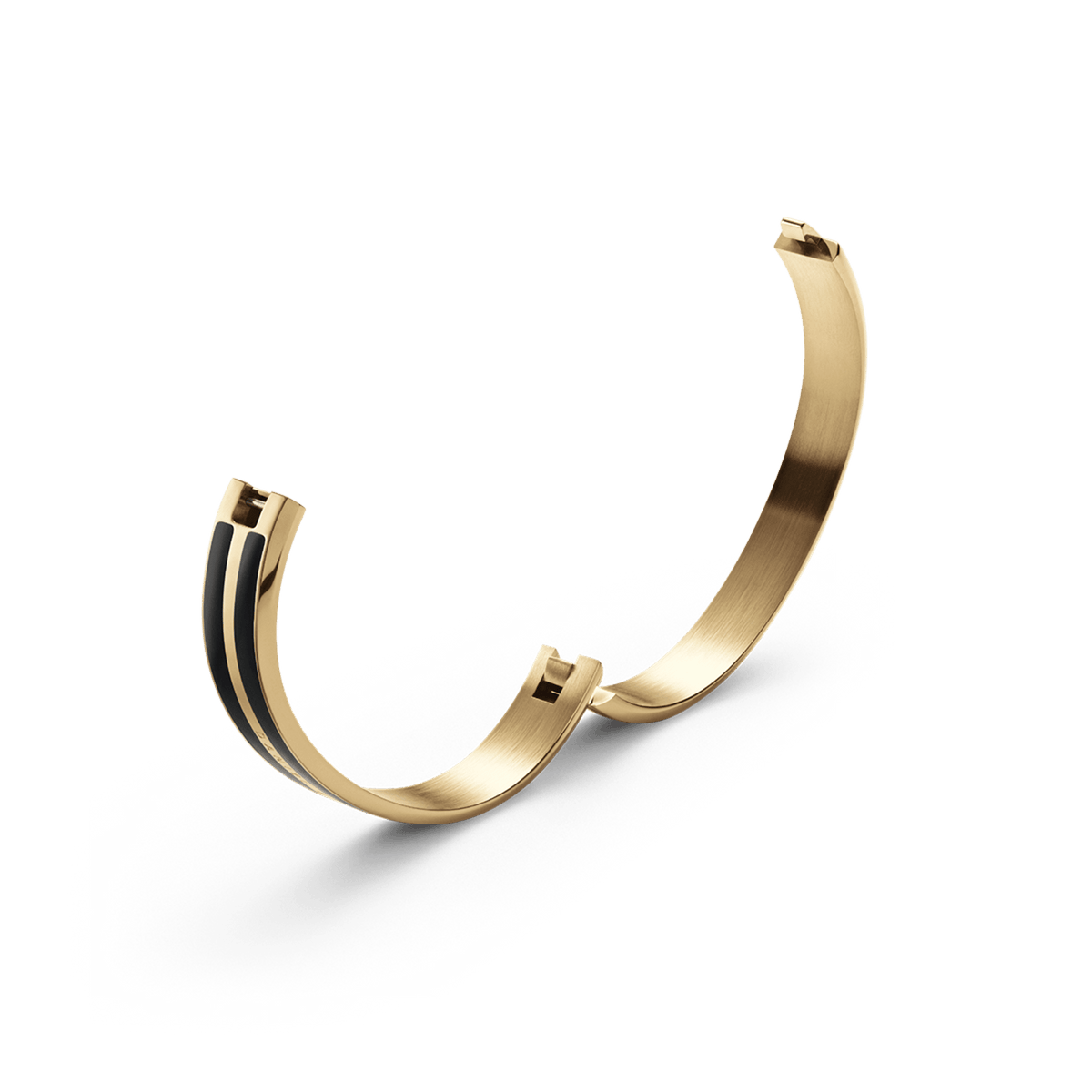 Emalie Infinite Gold Black bracelet shown open, highlighting the integrated closure and polished gold stainless steel with black enamel detailing, designed for a secure and comfortable fit.