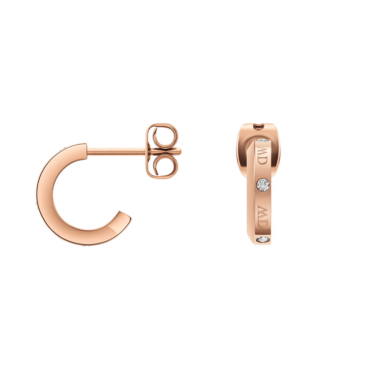 Classic Lumine Rose Gold earrings with a petite hoop design, polished rose gold finish, secure stud closure, and sparkling crystal accents on the front.