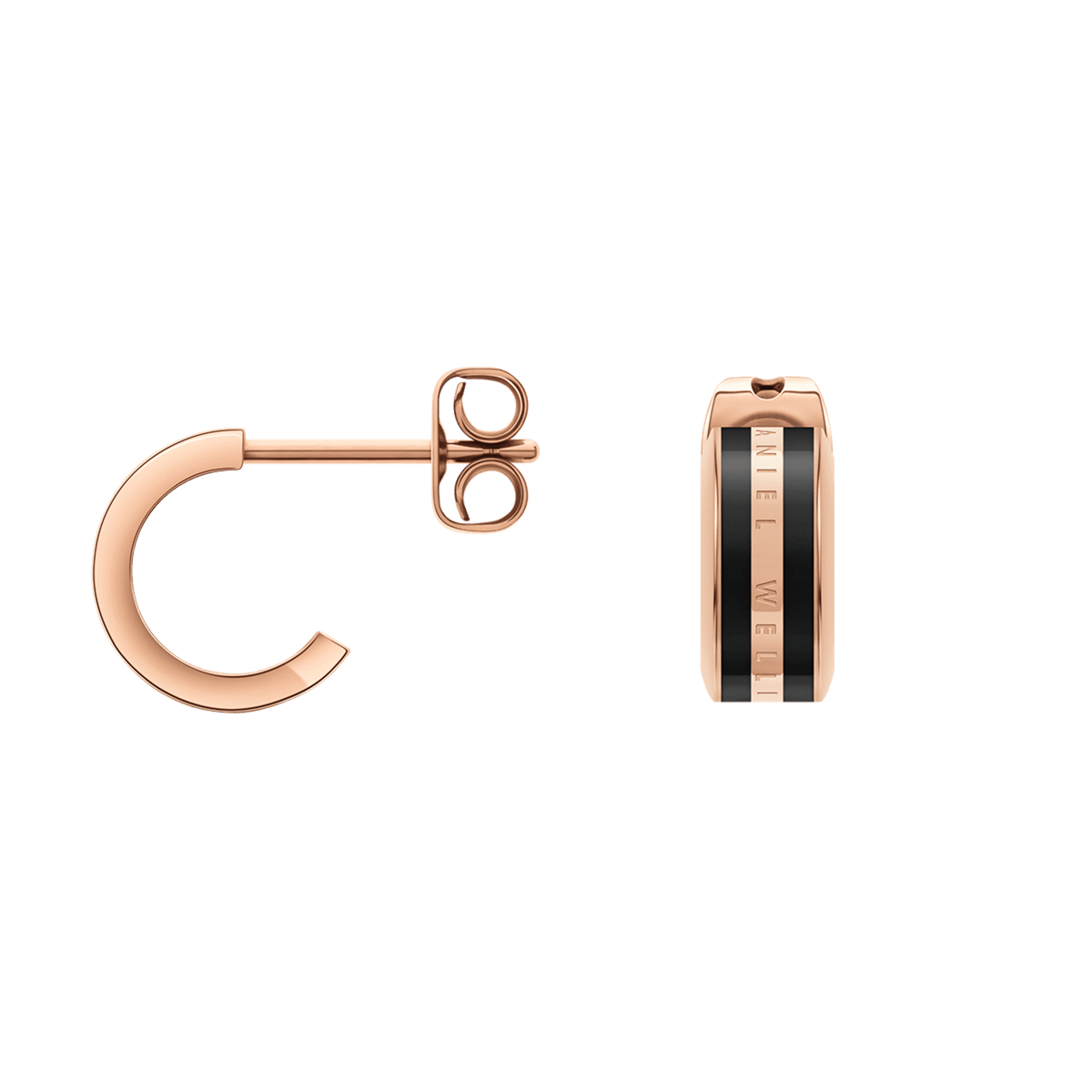 Emalie Earrings Rose Gold Black shown in a minimalist huggie style, featuring rose gold stainless steel with a bold black enamel stripe and secure stud closures, ideal for everyday wear or special occasions.