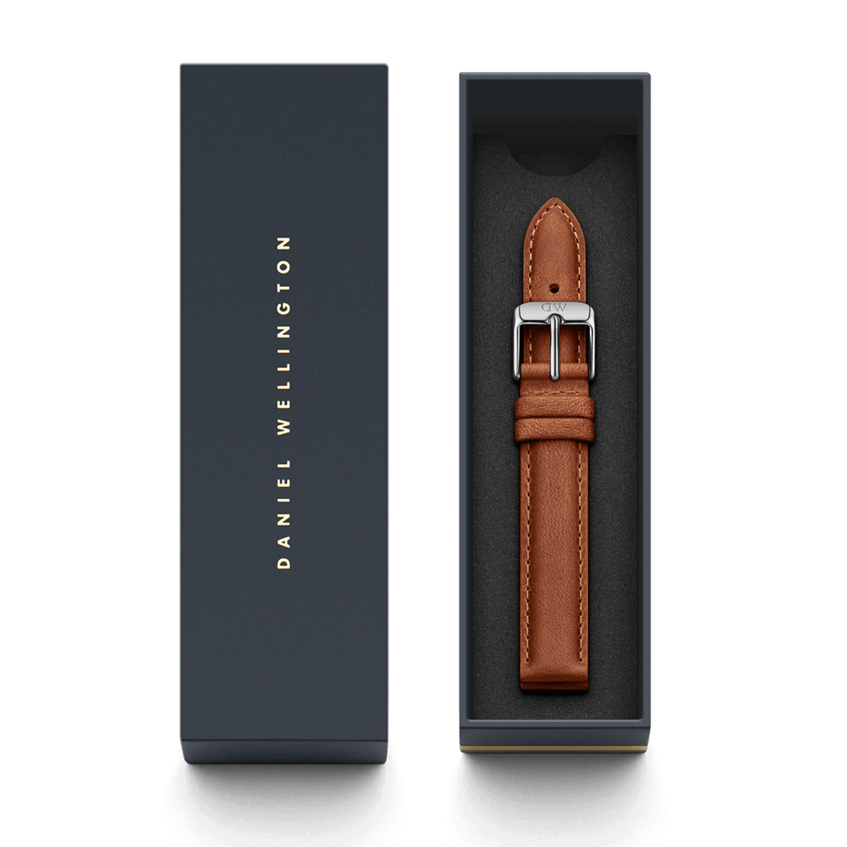 Durham Strap Silver genuine leather watch strap in light brown with a silver buckle, presented in a sleek Daniel Wellington gift box, ideal for both men’s and women’s watches.