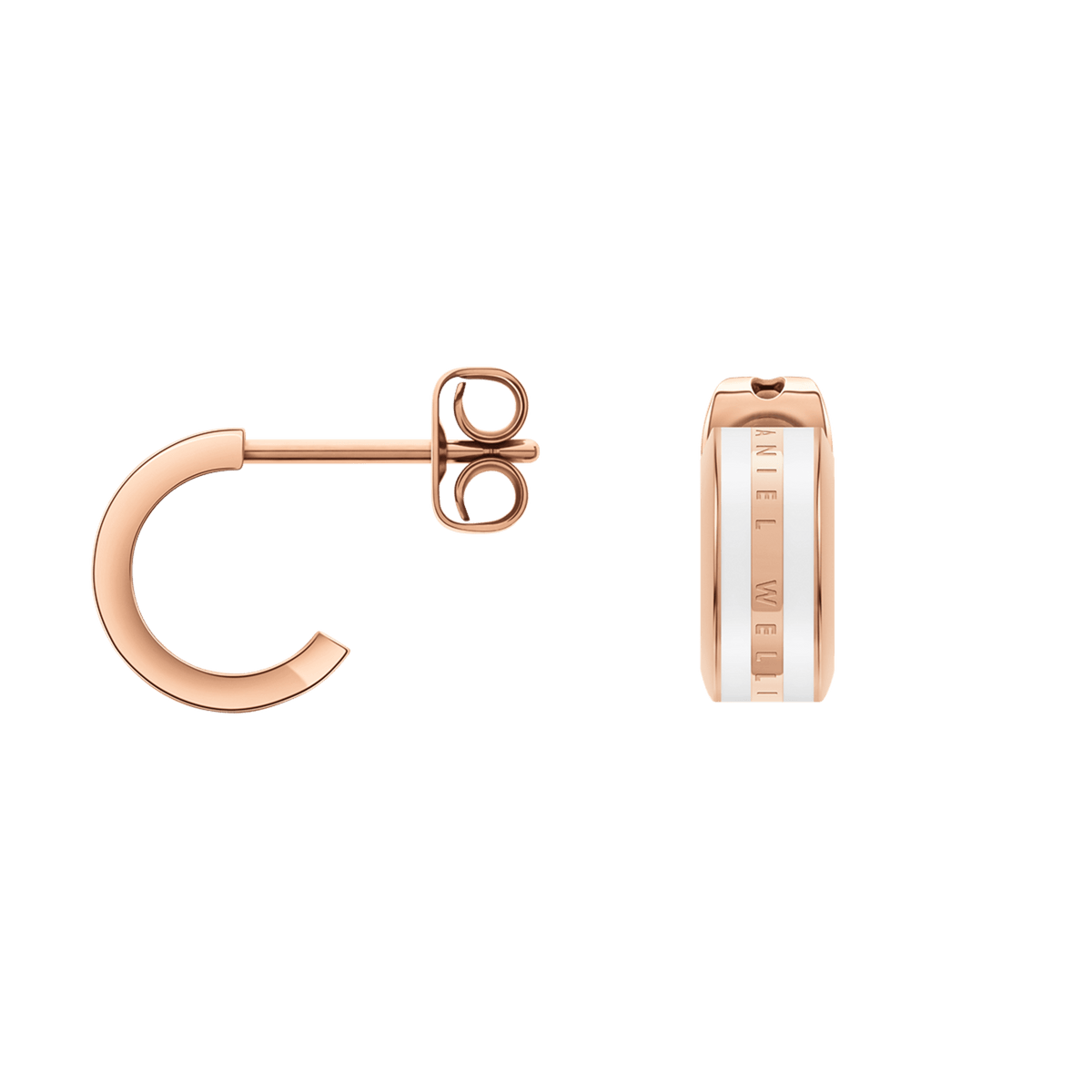 Emalie Earrings Rose Gold Satin White shown in a classic huggie style, featuring a rose gold finish with a satin white enamel stripe and engraved branding, displayed from side and front angles.