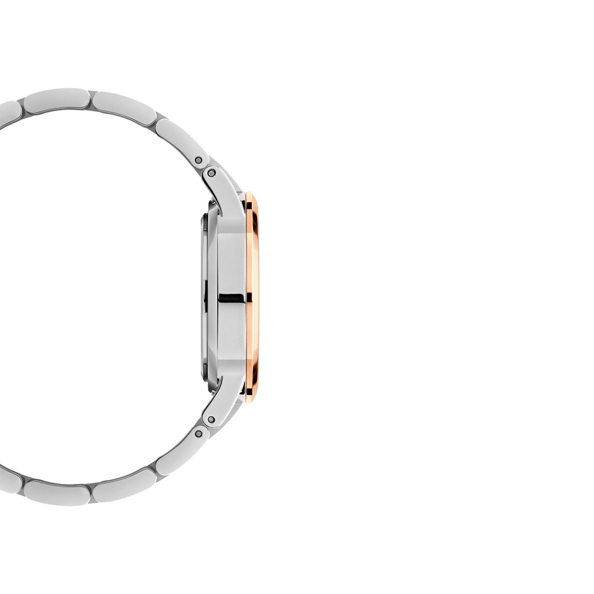 Side profile view of the Iconic Link Lumine Rose Gold ladies watch, showing its slim stainless steel case with polished rose gold accents and a two-tone link bracelet.