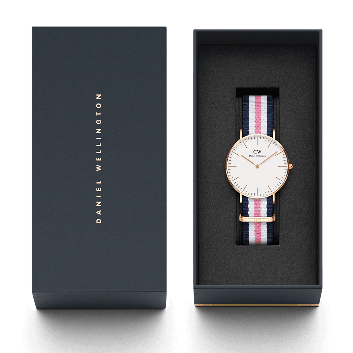 Classic Southampton watch with a rose gold case and navy, pink, and white striped NATO strap, presented in a sleek Daniel Wellington gift box.