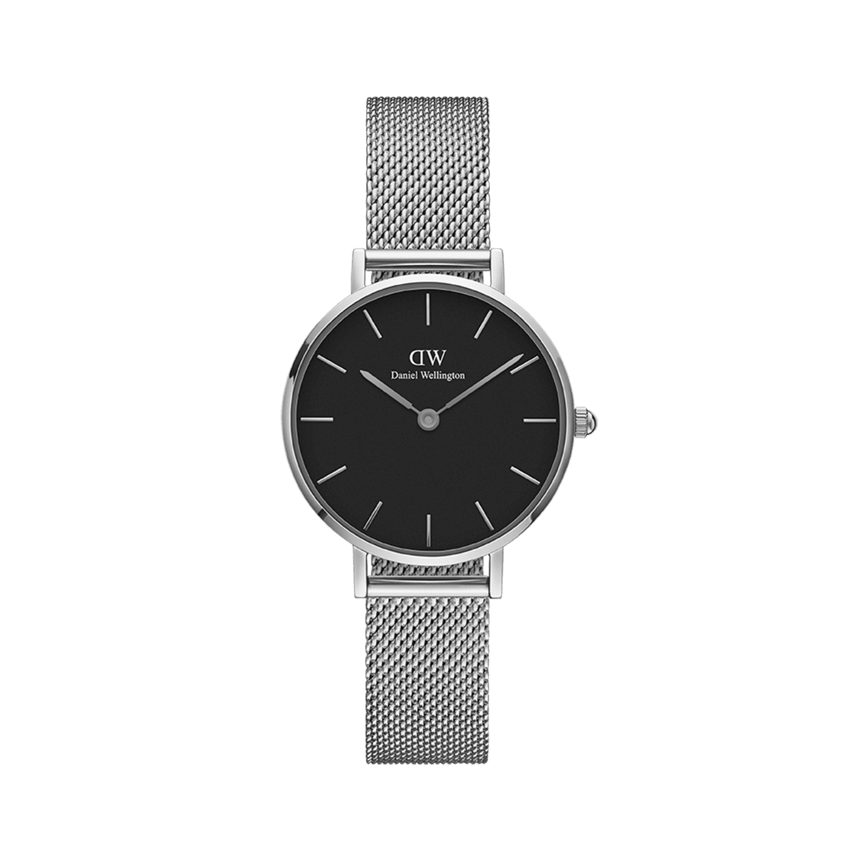 Petite Sterling Black Silver features a slim stainless steel mesh strap, a minimalist black dial, and a polished silver case, ideal for women seeking a comfortable and elegant silver watch for small wrists.