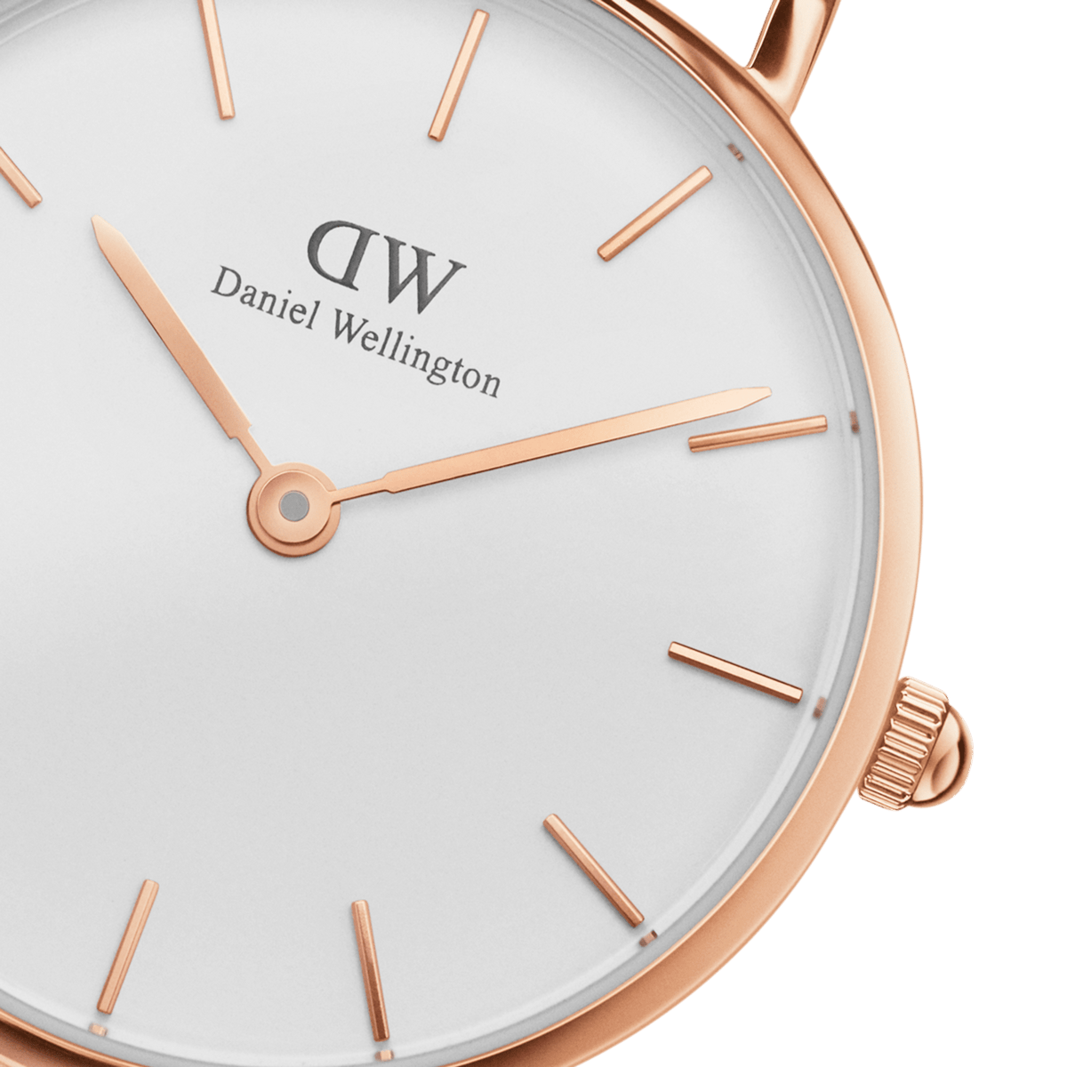 Detail view of the Petite Suffolk Rose Gold ladies watch showing the rose gold coated stainless steel case, minimalist white dial, and slim rose gold hour markers and hands.
