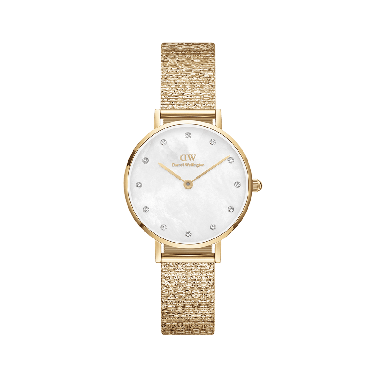 Petite Lumine Pressed Piano White MoP Gold watch with a gold pressed Studio Strap, white mother of pearl dial, and crystal hour markers, featuring a slim 28mm case and elegant styling suitable for everyday wear.