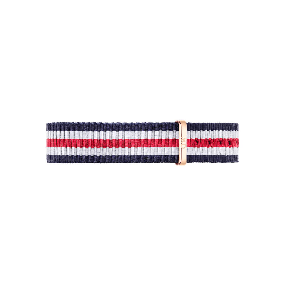 Canterbury Strap Rose Gold NATO watch strap in navy, white, and red stripes with a rose gold buckle, shown in a smaller size suitable for slim wrists or petite watches.