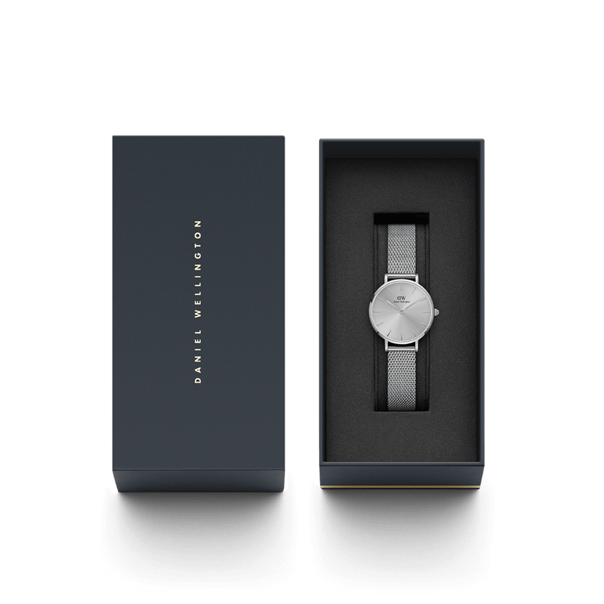 Petite Unitone Silver presented in a sleek branded box, featuring a minimalist silver dial and polished stainless steel mesh strap, ideal as a stylish gift or addition to your collection.
