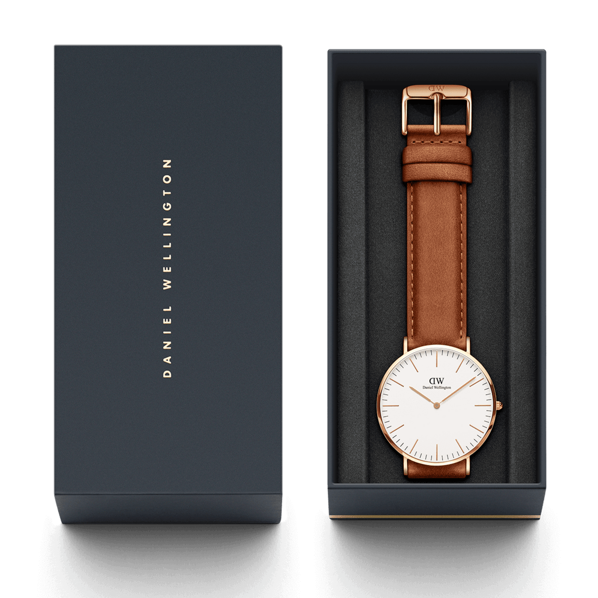 Classic Durham Rose Gold watch presented in a sleek Daniel Wellington gift box, featuring a light brown leather strap and minimalist white dial for a timeless gifting option.