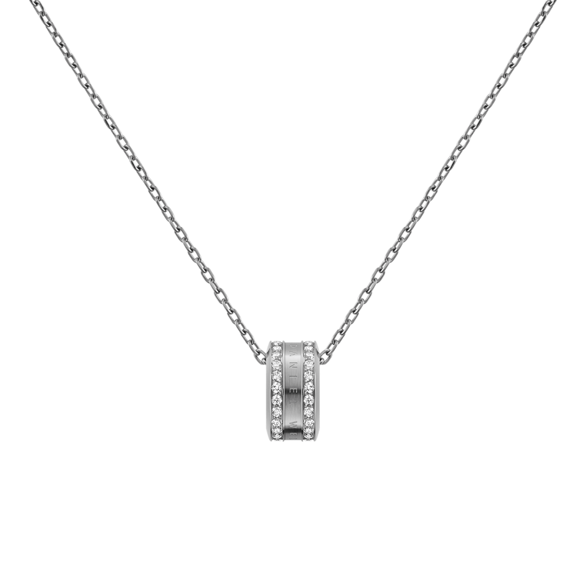 Elan Lumine Necklace Silver with a polished silver chain and a round pendant, featuring crystal accents set in stainless steel for a refined, minimalist look.