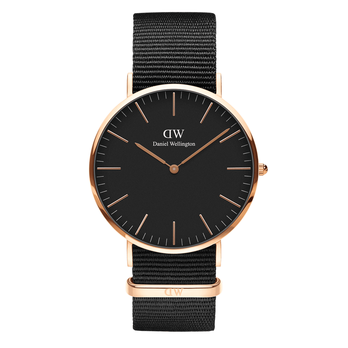 Classic Cornwall Black Rose Gold watch featuring a minimalist black dial, slim rose gold stainless steel case, and an adjustable black NATO style polyester strap.