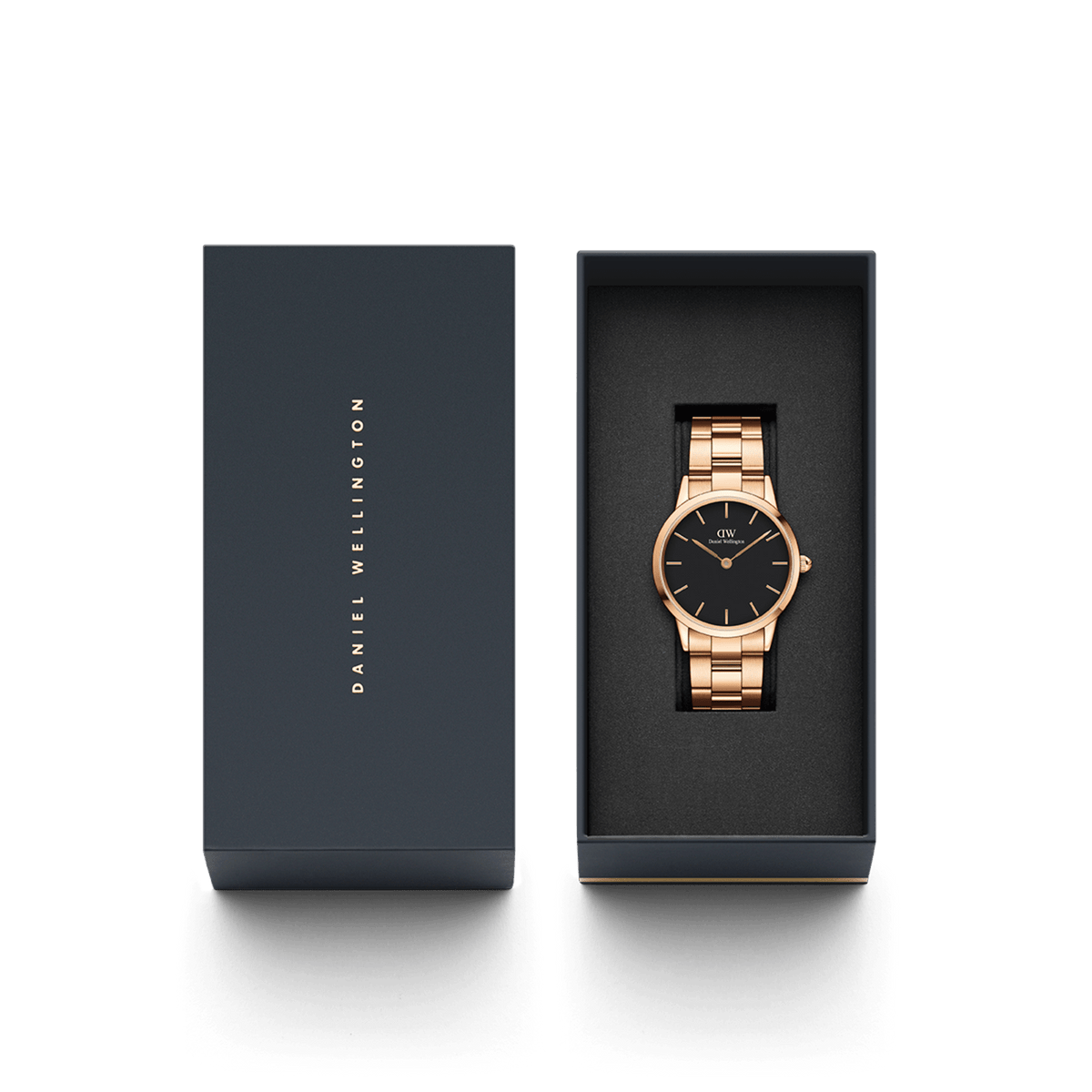 The Iconic Link Black Rose Gold watch by Daniel Wellington, featuring a black dial and rose gold stainless steel strap, elegantly presented in a branded gift box.