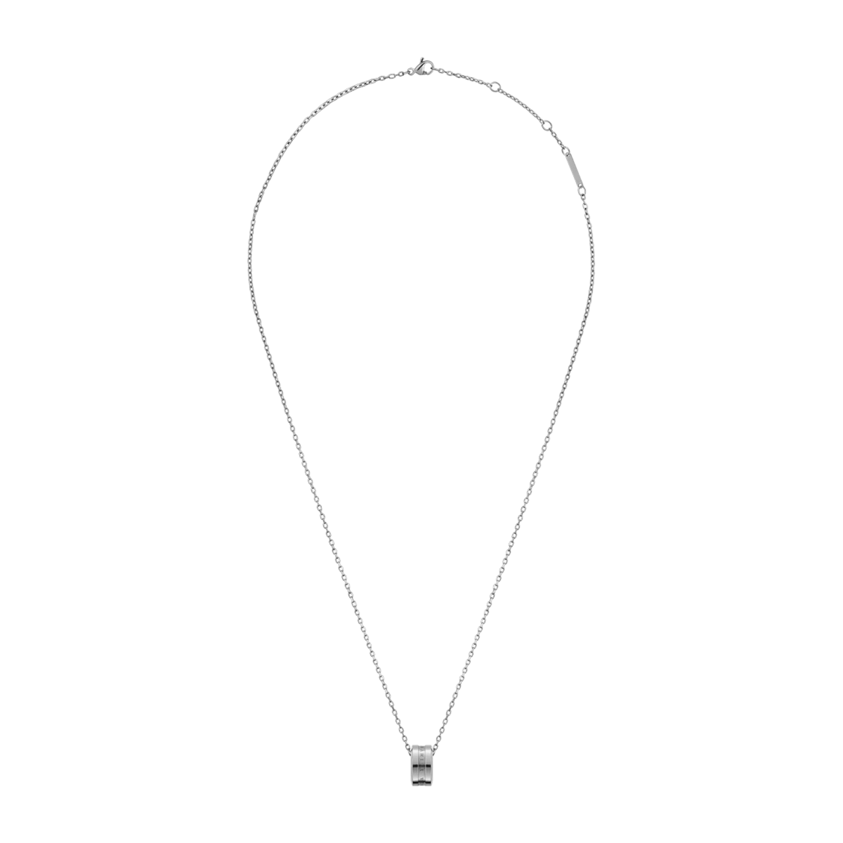 Elan Necklace Silver shown in full length with a polished silver ring pendant on an adjustable fine chain, offering a minimalist and versatile jewellery option.