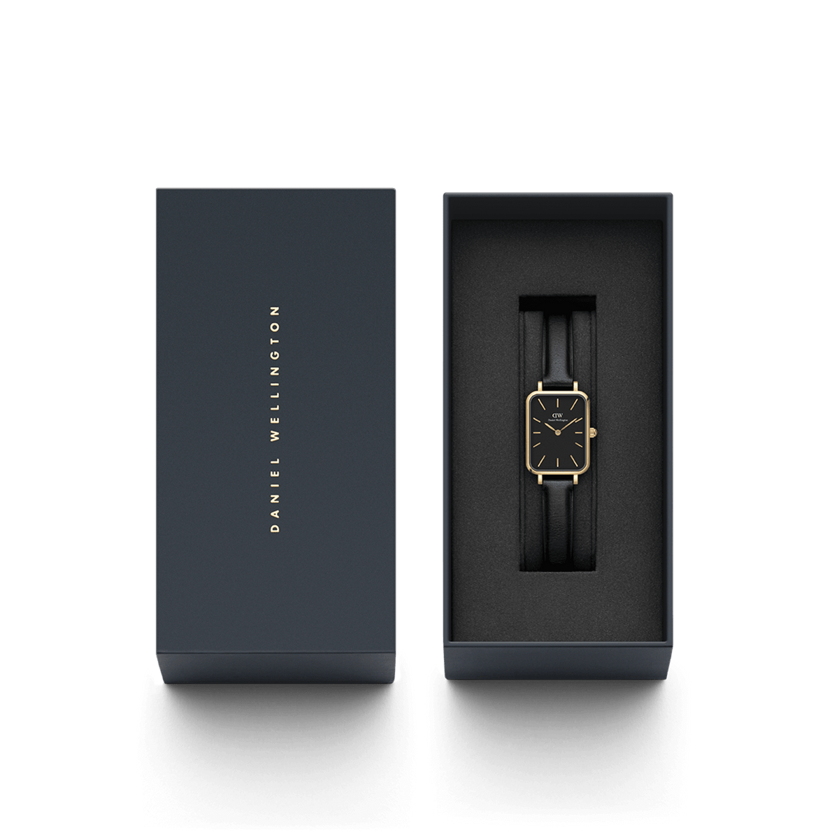Quadro Pressed Sheffield Black Gold ladies watch with a rectangular gold case and black leather strap, elegantly presented in a branded gift box.