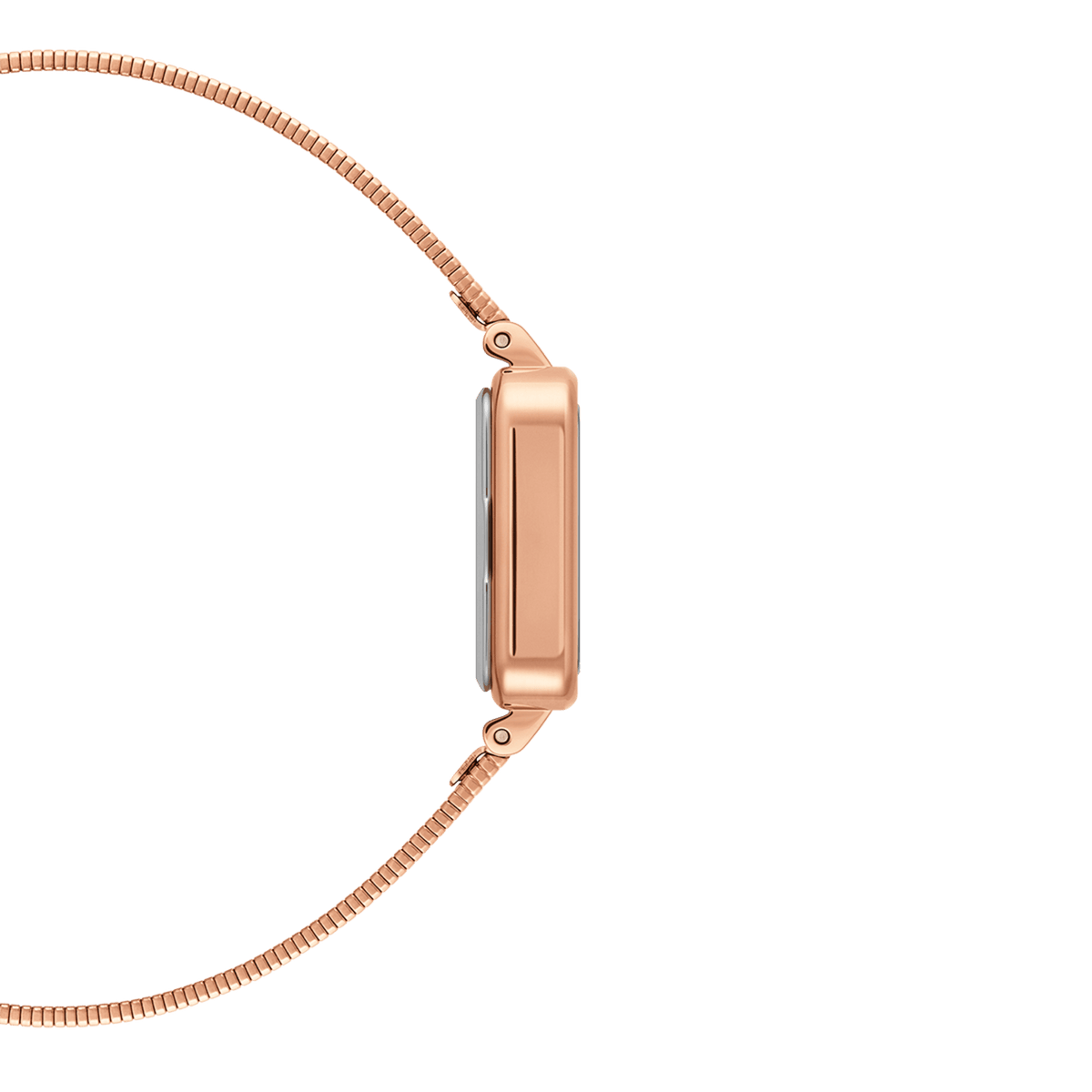 Side profile of the Quadro Studio Green Rose Gold ladies watch, showing the slim rose gold square case and flexible piano link mesh strap.