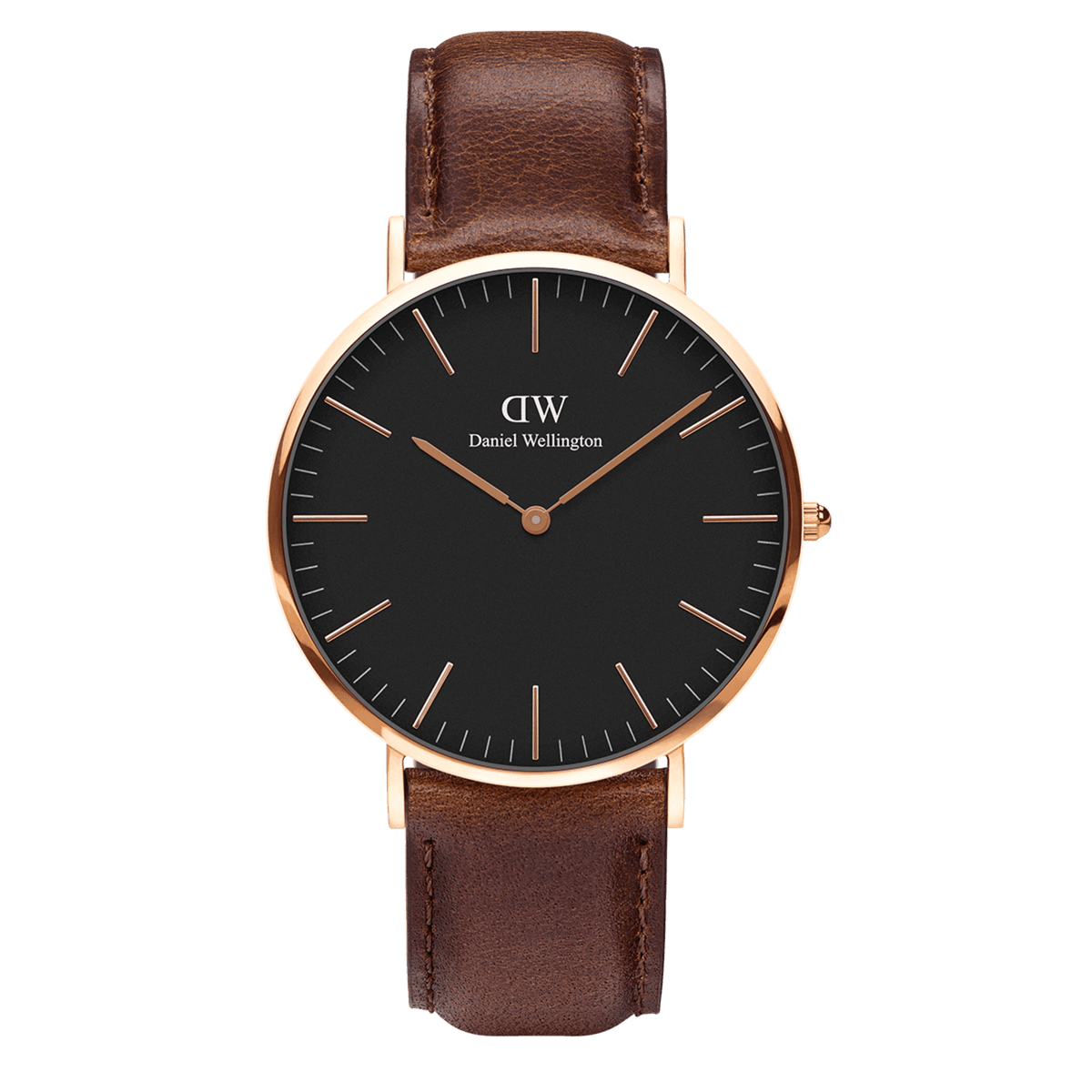 Classic Bristol Black Rose Gold watch with a black minimalist dial, rose gold stainless steel case, and an adjustable dark brown leather strap, ideal for both business and casual settings.