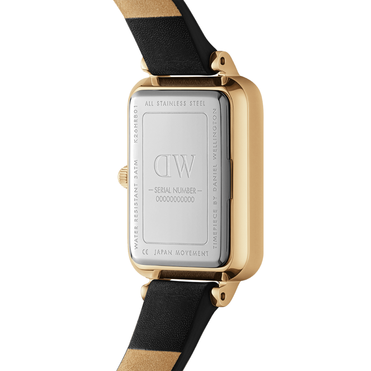 Quadro Pressed Sheffield Gold watch showing the stainless steel case back, gold finish, and black genuine leather strap, highlighting water resistance and Japanese movement details.