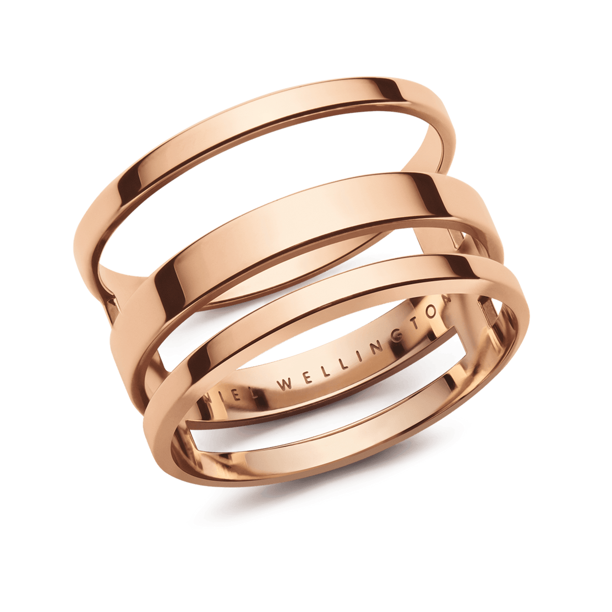 Triple band rose gold ring with a polished finish and open architectural design, crafted from stainless steel and engraved with Daniel Wellington on the inner band.