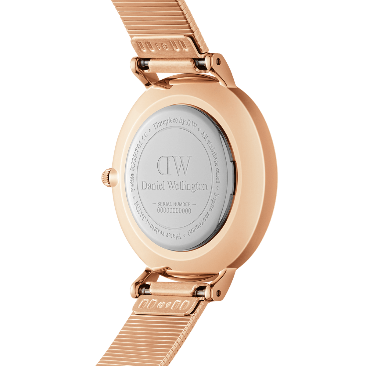 Back view of the Petite Lumine Pressed Piano Black MoP Rose Gold watch showing the engraved stainless steel case and rose gold pressed piano link strap, highlighting the durable construction and adjustable fit.