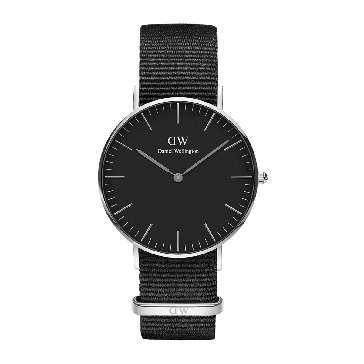 Classic Cornwall Black Silver watch with a black minimalist dial, slim silver case, and black NATO strap, featuring silver hour markers for a refined, modern look.