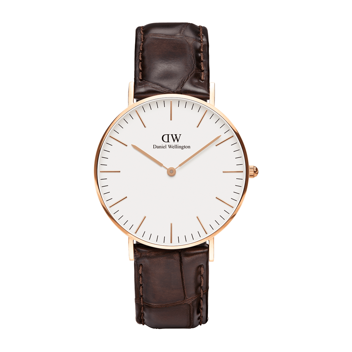 Classic York Rose Gold watch with a slim rose gold case, minimalist white dial, and dark brown croc-embossed genuine leather strap, featuring simple hour markers and a refined, timeless design.