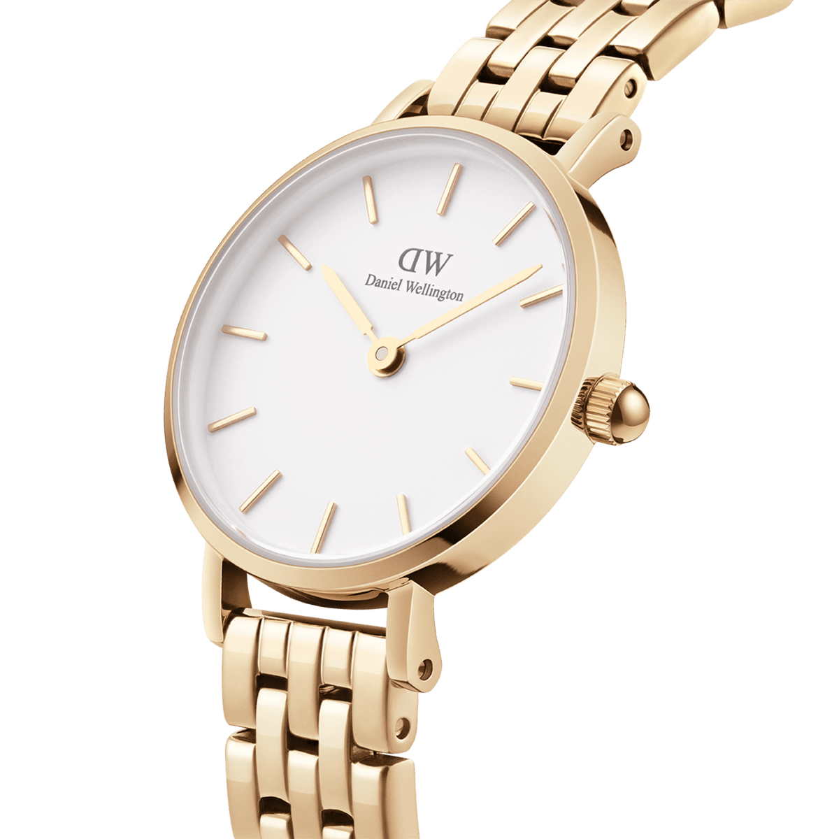 Close-up of the Petite 5-Link Evergold ladies watch showing its gold PVD-plated stainless steel case, minimalist white dial, and elegant 5-link bracelet, highlighting the refined finish and modern design.